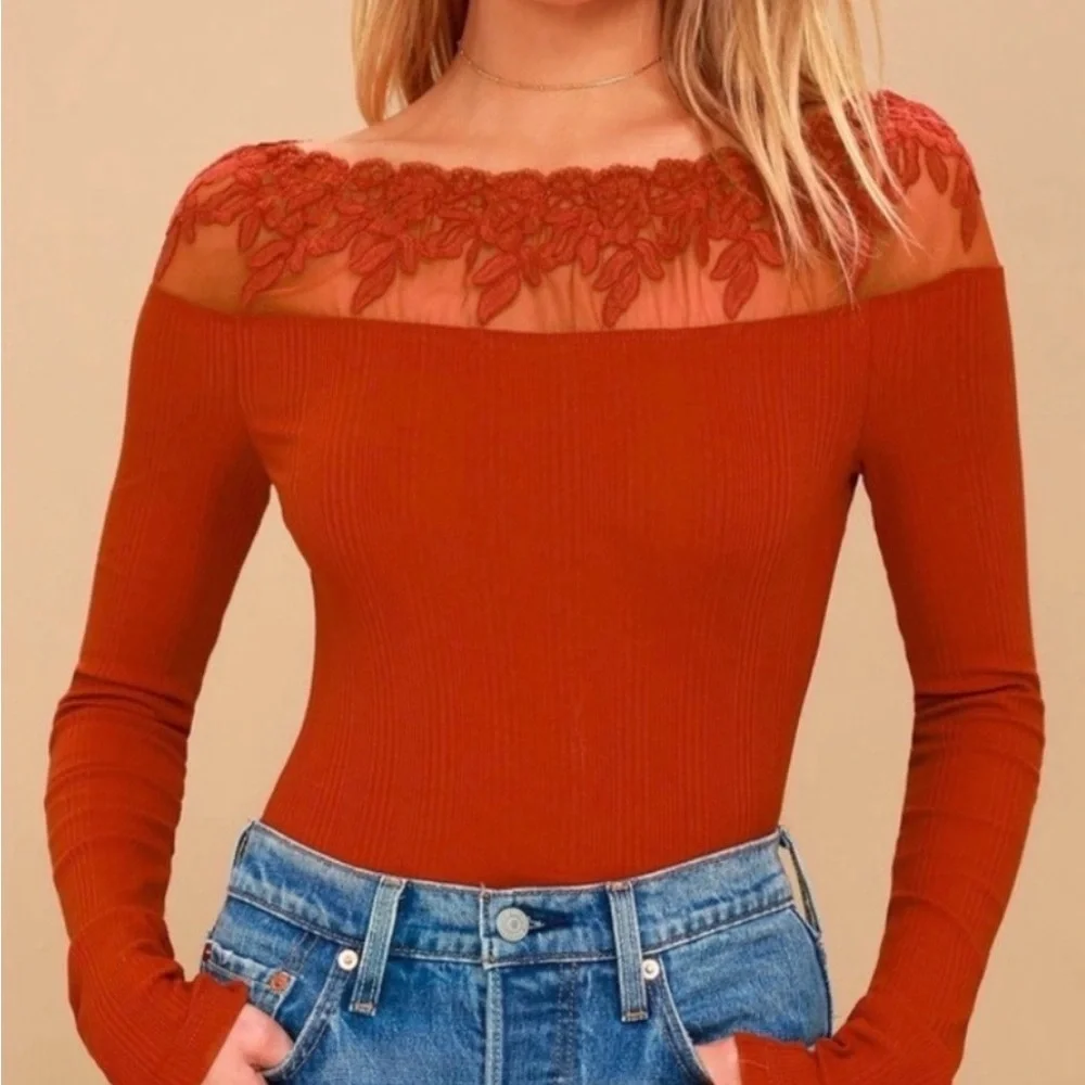 Free People Red Ribbed Lace Off Shoulder Long Sleeve Top Size L